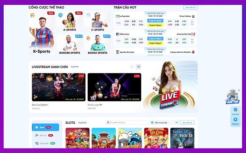 Danh mục trò chơi 8Live gồm thể thao, casino, nổ hũ